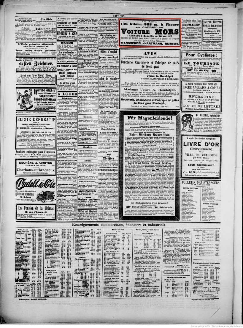 Journal L'Express de Mulhouse du 29 août 1902 (p.4) : voiture Mors.